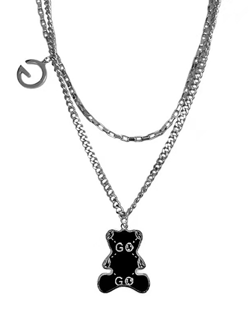 Fashion Silver Color Titanium Steel Bear Double Necklace