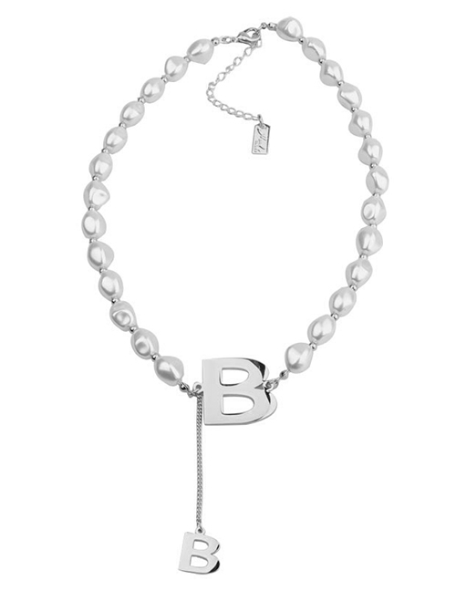 Fashion Silver Color Titanium Steel Pearl Beaded Letter Necklace