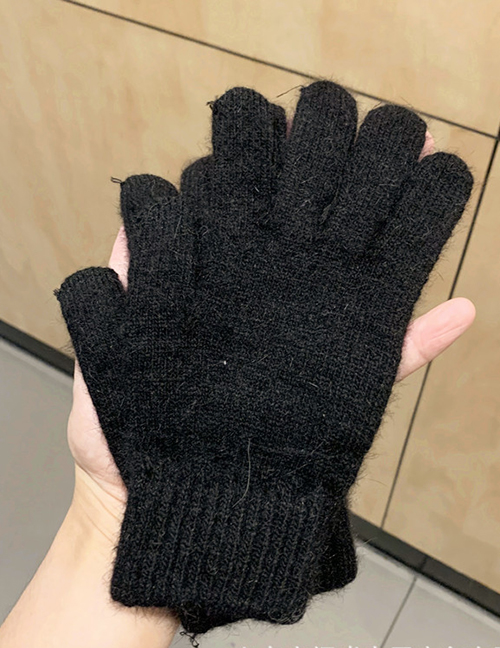 Fashion Black/touch Screen Rabbit Fur Plus Velvet Finger Gloves