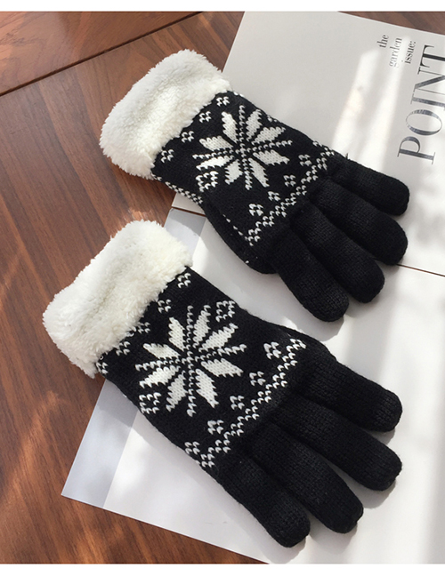 Fashion Black Cartoon Snowflake Print Plus Velvet Finger Gloves