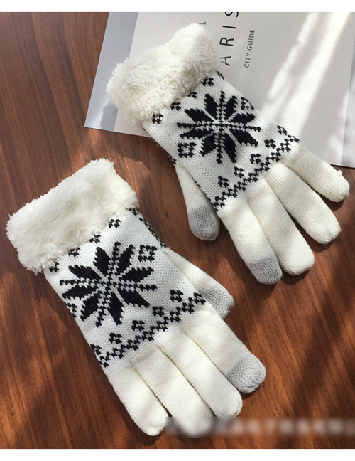 Fashion White Cartoon Snowflake Print Plus Velvet Finger Gloves