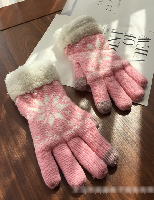 Fashion Pink Cartoon Snowflake Print Plus Velvet Finger Gloves