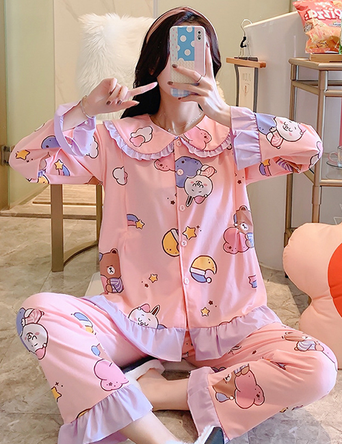 Fashion 3094 Pink Cotton Knitted Cartoon Pajamas Set