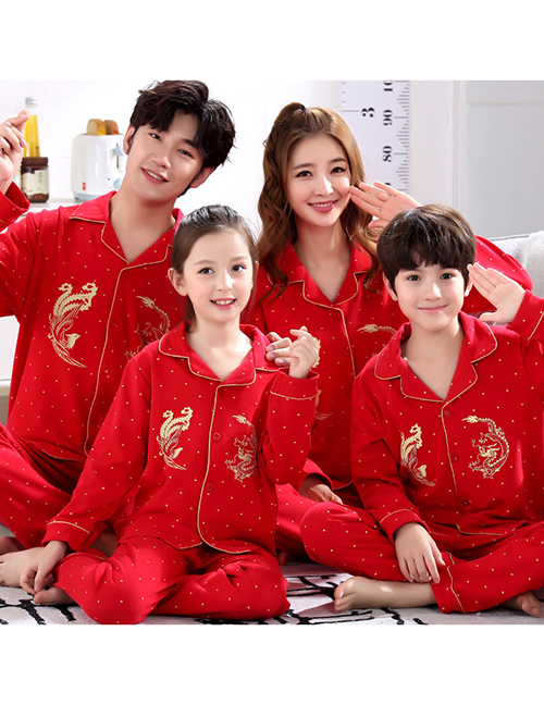 Fashion 3336 Red Dragon (8-16 Yards) Cotton Geometric Print Embroidered Parent-child Pajama Set