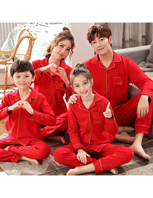 Fashion 3355 Red Letters (large Size) Cotton Geometric Print Embroidered Parent-child Pajamas Set