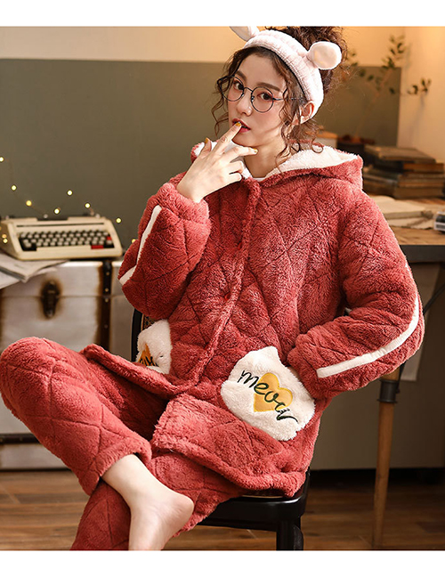 Fashion 1# Coral Fleece Cartoon Thick Quilted Hooded Pajamas Set