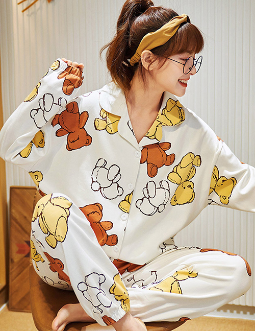 Fashion Little Bear Pure Cotton Geometric Print Pajama Set