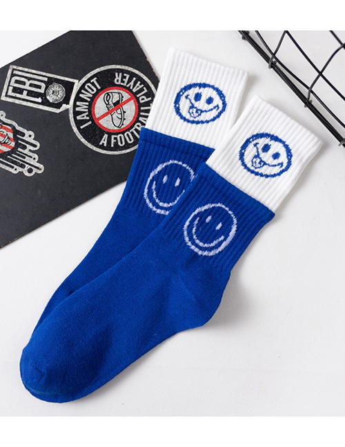Fashion Smiley Blue Cotton Smiley Face Embroidery Stitching Socks