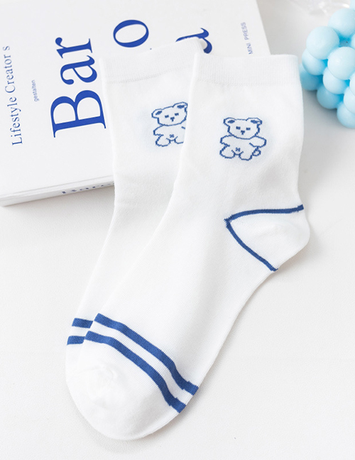 Fashion White 1 Little Bear Cotton Geometric Print Socks