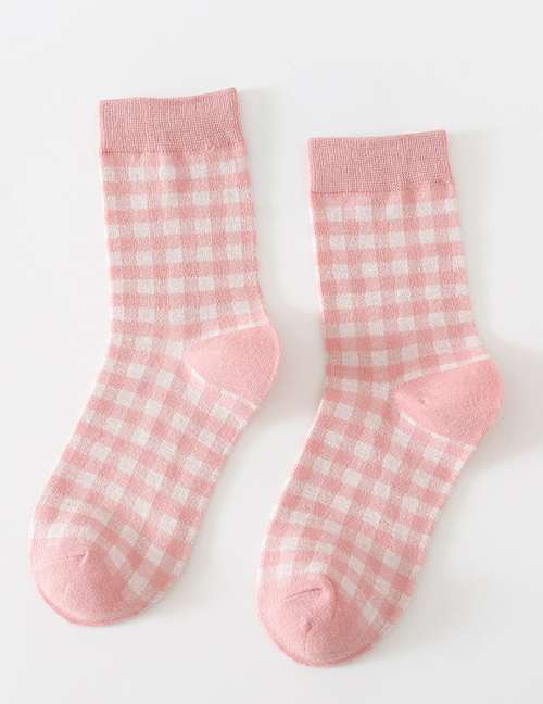 Fashion Pink Small Plaid Cotton Geometric Print Socks