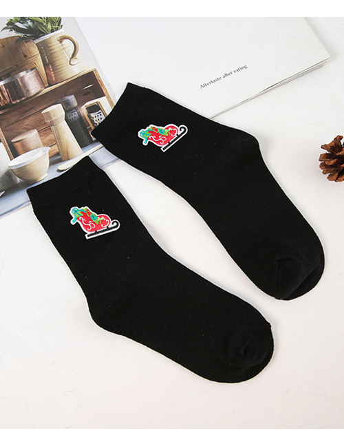 Fashion Black Shoes Cotton Christmas Embroidered Wooden Ear Socks