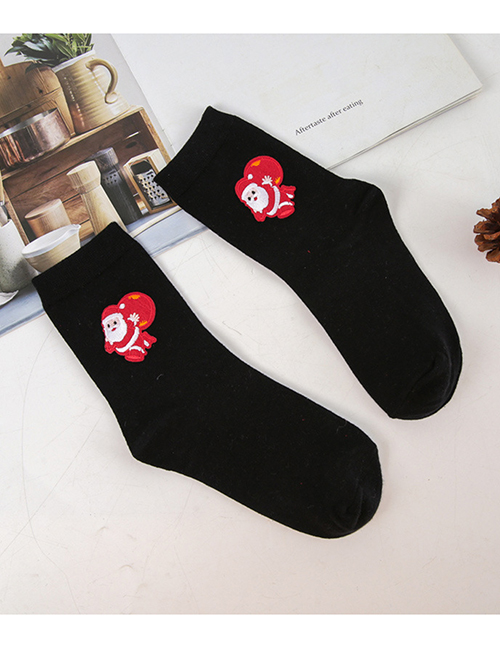 Fashion Old Man In Red Circle On Black Cotton Christmas Embroidered Wood Ear Socks