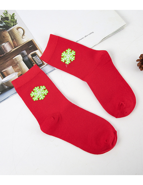 Fashion Snowflake On Red Background Cotton Christmas Embroidered Wooden Ear Socks