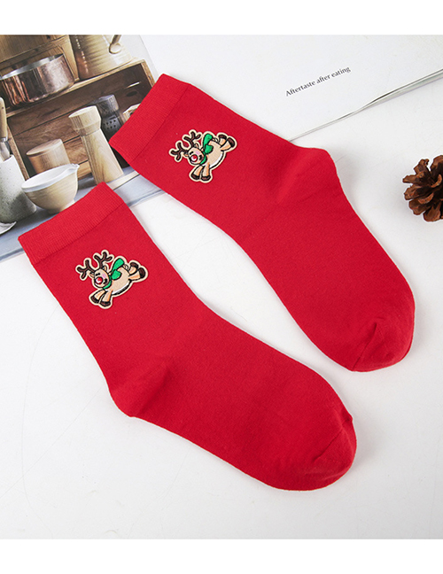 Fashion Red Deer Running Cotton Christmas Embroidered Wooden Ear Socks