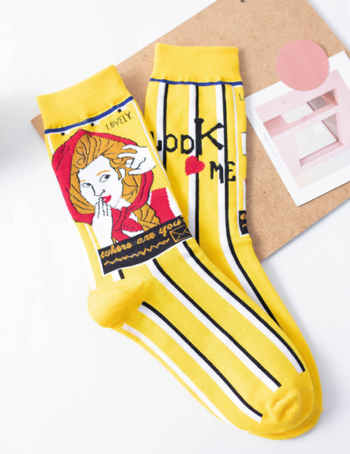 Fashion Socks Bright Yellow Cotton Illustration Cartoon Print Tube Socks