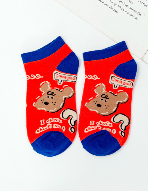 Fashion Red Cotton Cartoon Bear And Crocodile Print Shallow Mouth Socks