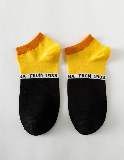 Fashion Yellow Color-block Socks With Embroidered Cotton Letters