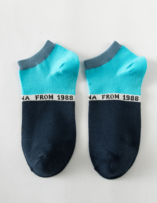 Fashion Light Blue Color-block Socks With Embroidered Cotton Letters
