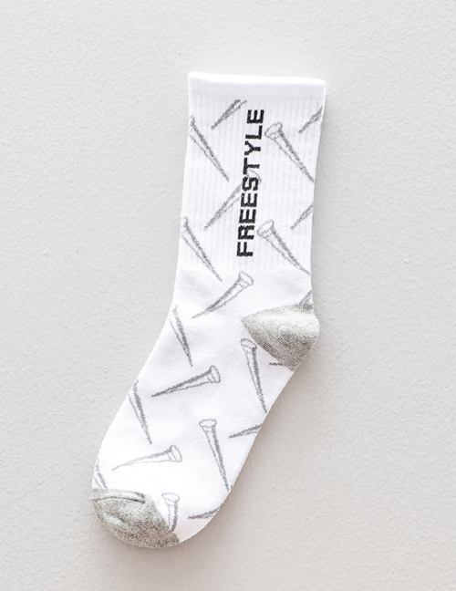 Fashion White Heel Gray Cotton Geometric Print Socks