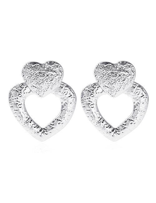 Fashion Silver Color Metal Embossed Double Heart Stud Earrings