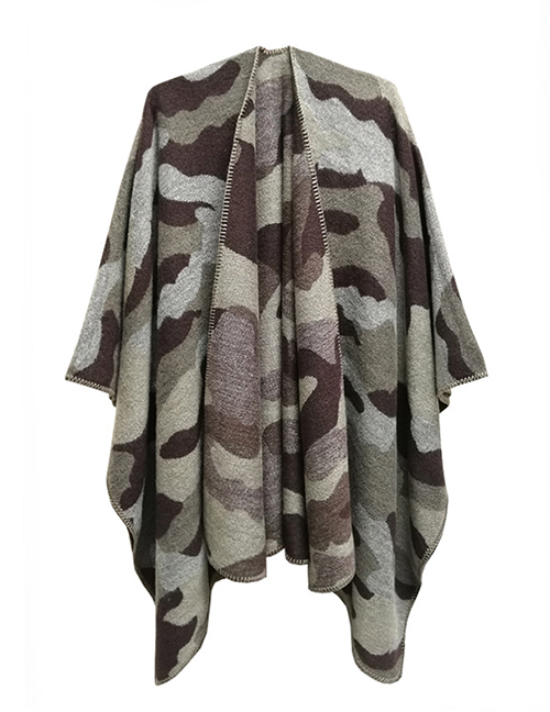 Fashion Sh27-04#brown Green Jacquard Shawl With Camouflage Slit