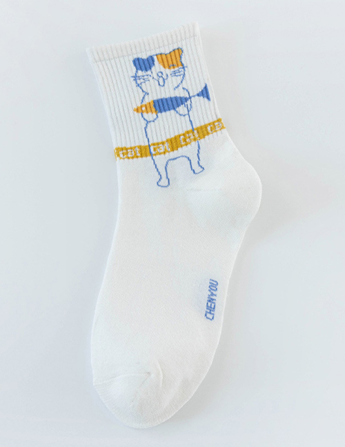 Fashion White Holding Fish Cotton Geometric Print Socks