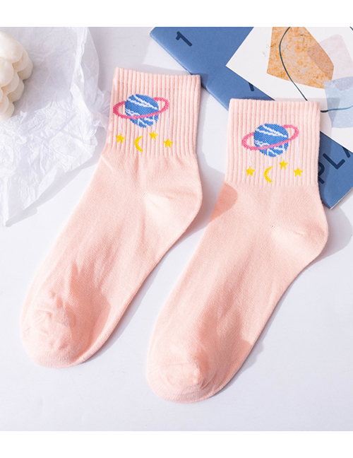 Fashion Pink Cotton Geometric Embroidered Tube Socks