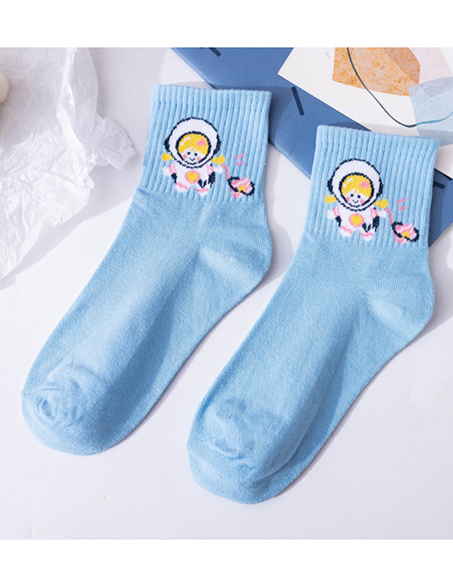 Fashion Blue Cotton Geometric Embroidered Tube Socks