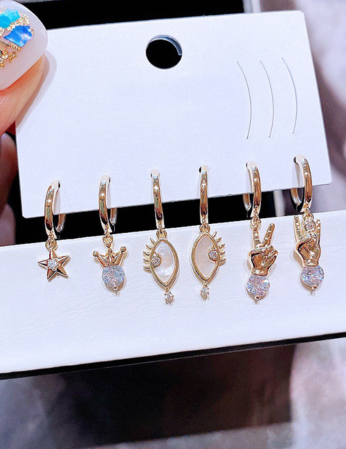 Fashion Gold Color Copper Inlaid Zirconium Five-pointed Star Eye Gesture Earrings Set