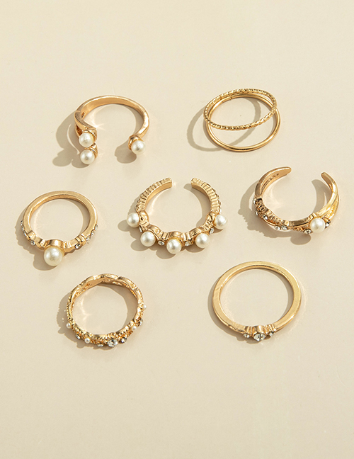 Fashion Gold Color Alloy Geometric Pearl And Diamond Ring Set