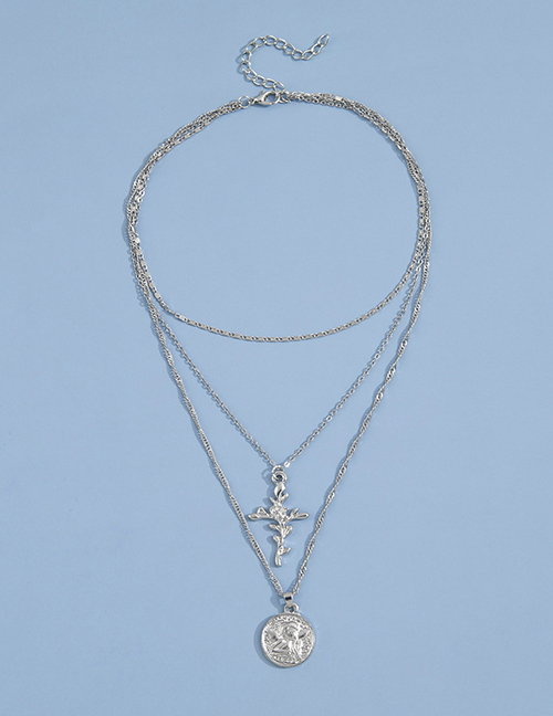 Fashion Silver Color Black Gold Geometric Cross Portrait Medallion Multi-layer Necklace