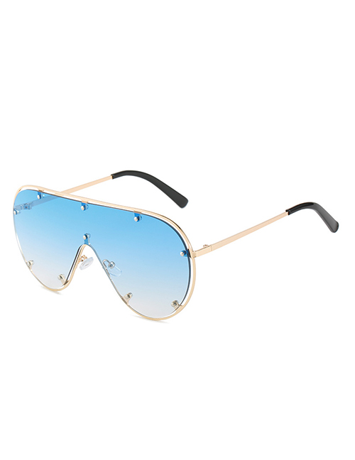 Fashion Gold Color Frame Gradient Blue Studded Toad Large Frame Sunglasses