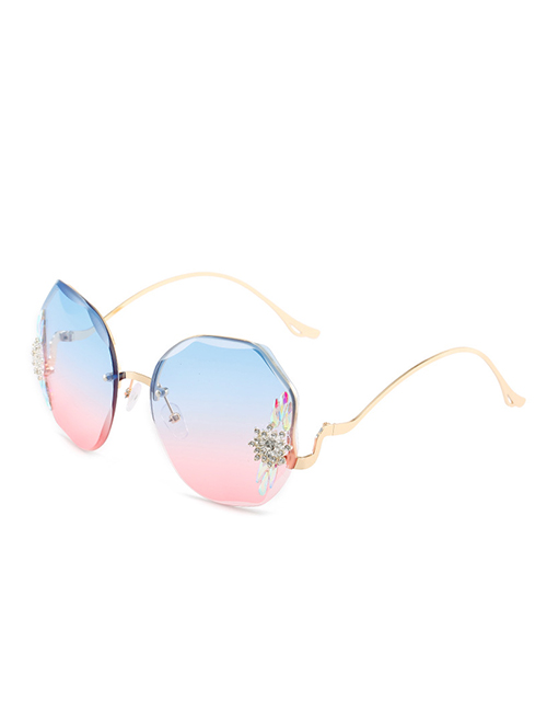 Fashion Gold Color Frame Blue Powder Tablets Diamond-studded Polygonal Rimless Sunglasses
