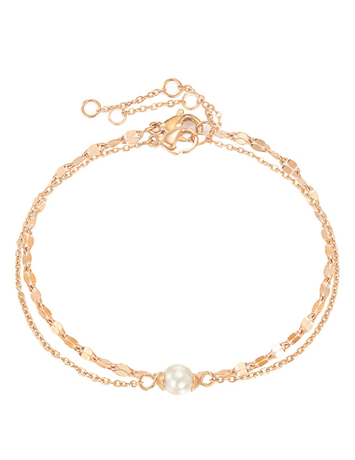 Fashion Rose Gold Color Double-layer Bracelet With Stainless Steel Inlaid Pearl Chain