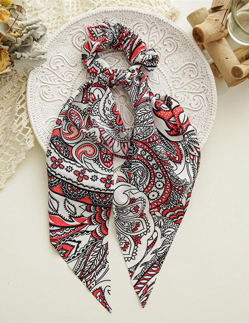 Fashion Red Streamer Fabric Printed Long Tail Streamer Pleated Hair Tie