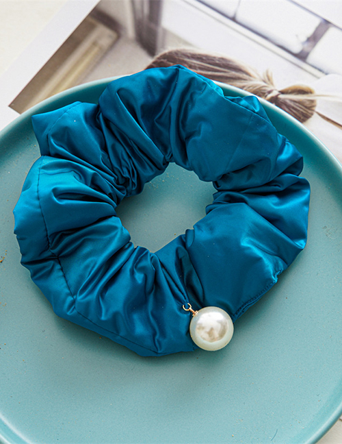 Fashion Blue Fabric Pearl Down Pleated Hair Tie