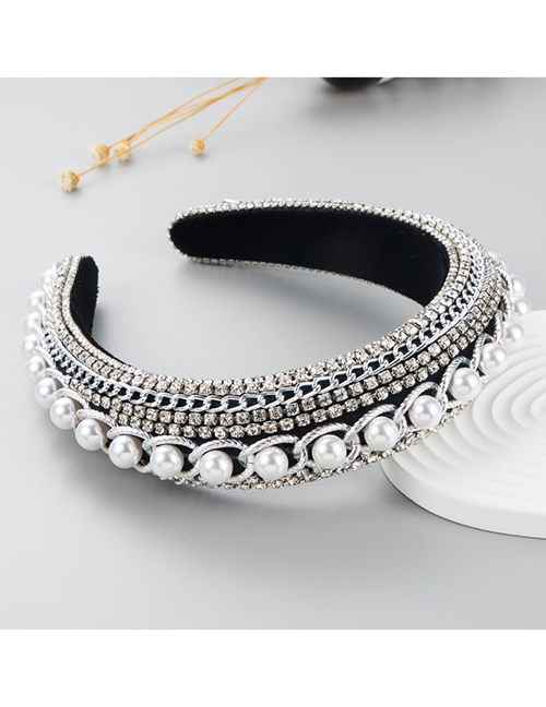 Fashion White Fabric Full-drilled Pearl Sponge Broad-brimmed Headband