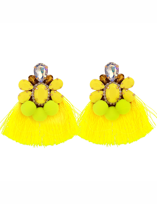 Fashion Yellow Acrylic Fancy Diamond Hair Ball Tassel Stud Earrings