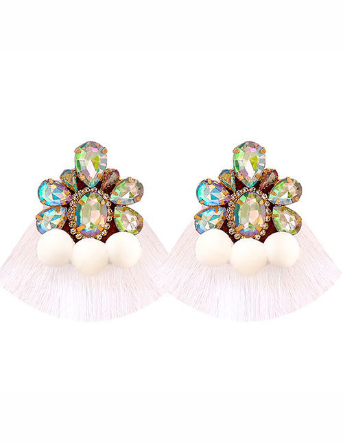 Fashion White Acrylic Fancy Diamond Hair Ball Tassel Stud Earrings