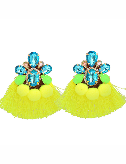 Fashion Blue+yellow Acrylic Fancy Diamond Hair Ball Tassel Stud Earrings