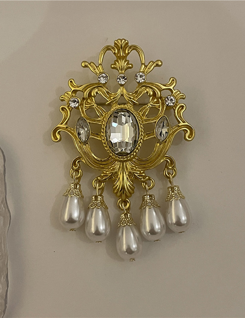 Fashion Transparent Color Alloy Diamond Pearl Tassel Geometric Brooch