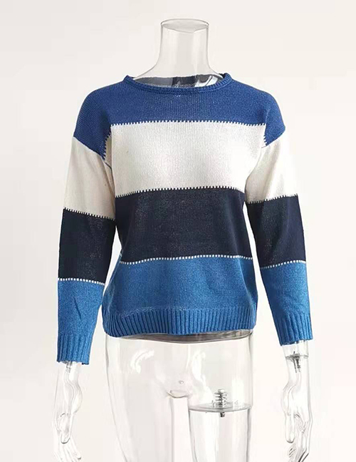 Fashion Blue Colorblock Striped Long-sleeved Knitted Sweater