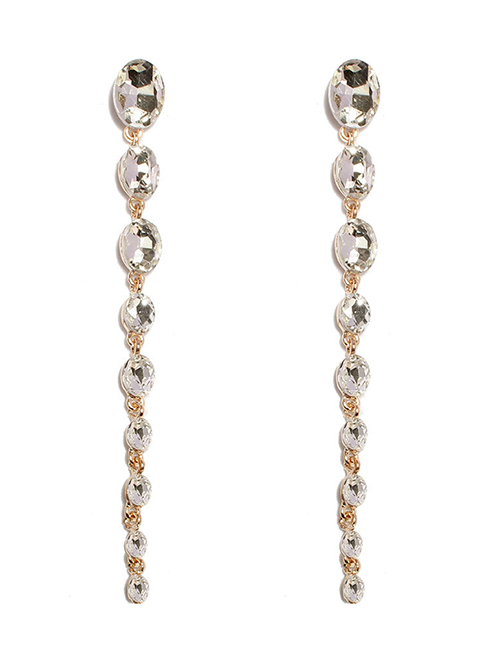 Fashion F14670-4 Oval White Diamond Irregular Geometric Rhinestone Tassel Earrings