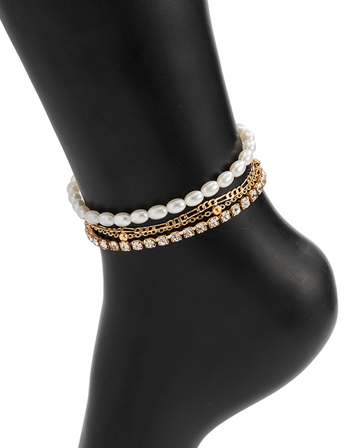Fashion Gold Rhinestone Claw Chain Pearl Beaded Anklet Set