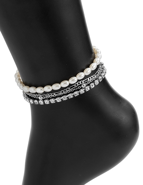 Fashion White K Rhinestone Claw Chain Pearl Beaded Anklet Set
