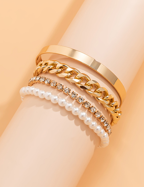 Fashion Gold Metal Diamond Claw Chain Pearl Beaded Chain Bracelet Set