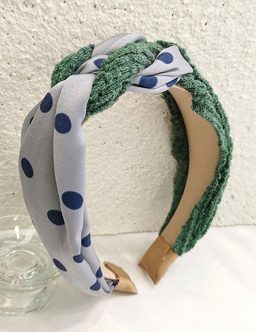 Fashion Blue Wave Dot + Dark Green Knitted Stitching Knotted Headband Polka Dot Print Knit Stitching Knotted Headband