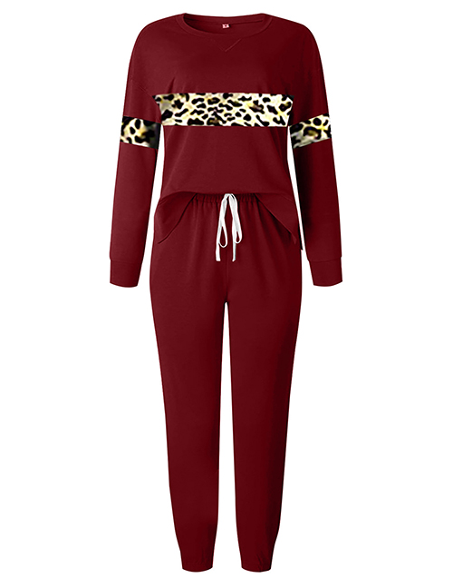 Fashion Leopard Red Round Neck Long-sleeved Top Lace Trousers Suit