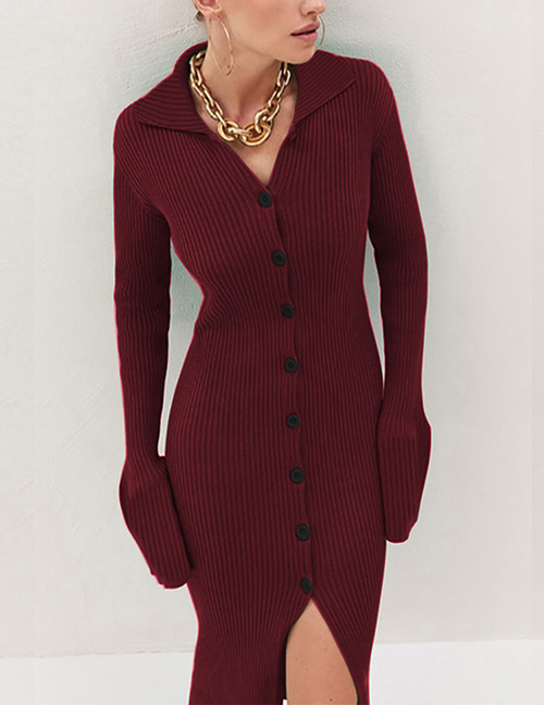 Fashion Red Wine Lapel Knit Buttoned Dress