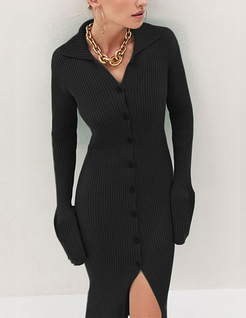 Fashion Black Lapel Knit Buttoned Dress
